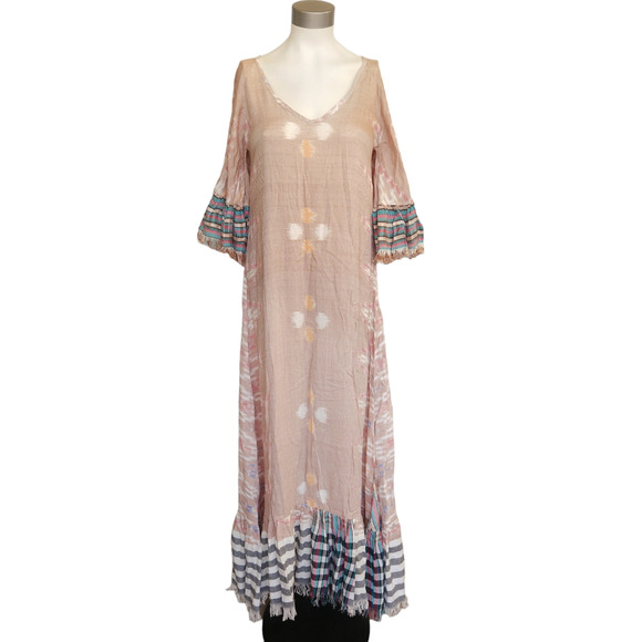 ERIKA PENA Tribal E Margarita Long Ikat maxi ruffle fringe dress in caffe XS NEW - Picture 1 of 8